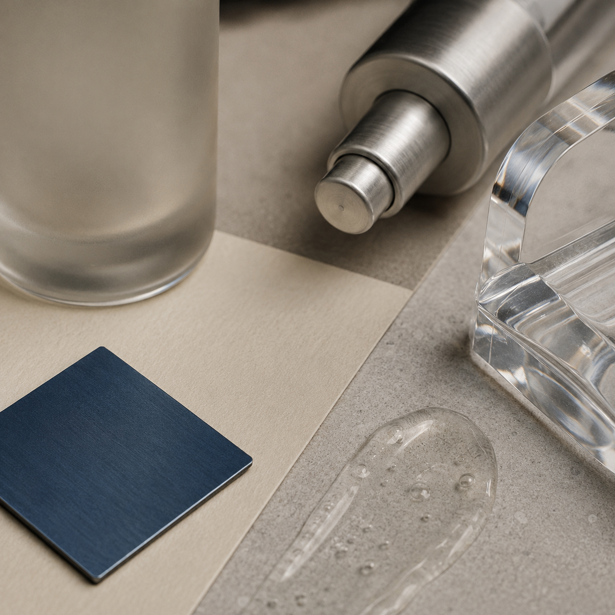 Detail view of a frosted glass bottle, a brushed-steel pump mechanism, and a cobalt material swatch from the same product-development flat-lay.