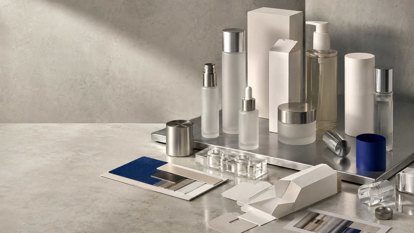 Unlabeled cosmetic packaging, glass bottles, and material swatches arranged on a concrete surface, lit by a single diagonal shaft of light.
