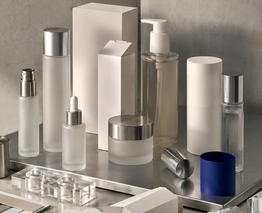 The full product-development cluster — glass bottles, a pump dispenser, folded cartons, and a frosted jar — arranged on a steel surface.
