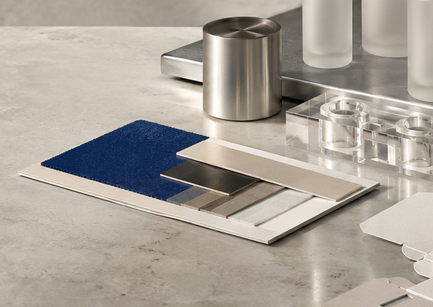 A fan of material swatches — cobalt fabric, brushed metal, paper stock — beside a steel measuring cylinder, arranged for portfolio review.