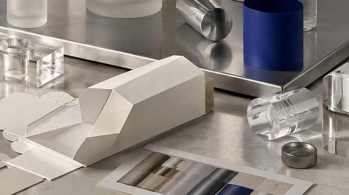 A folded custom carton and unassembled component parts on a steel surface.